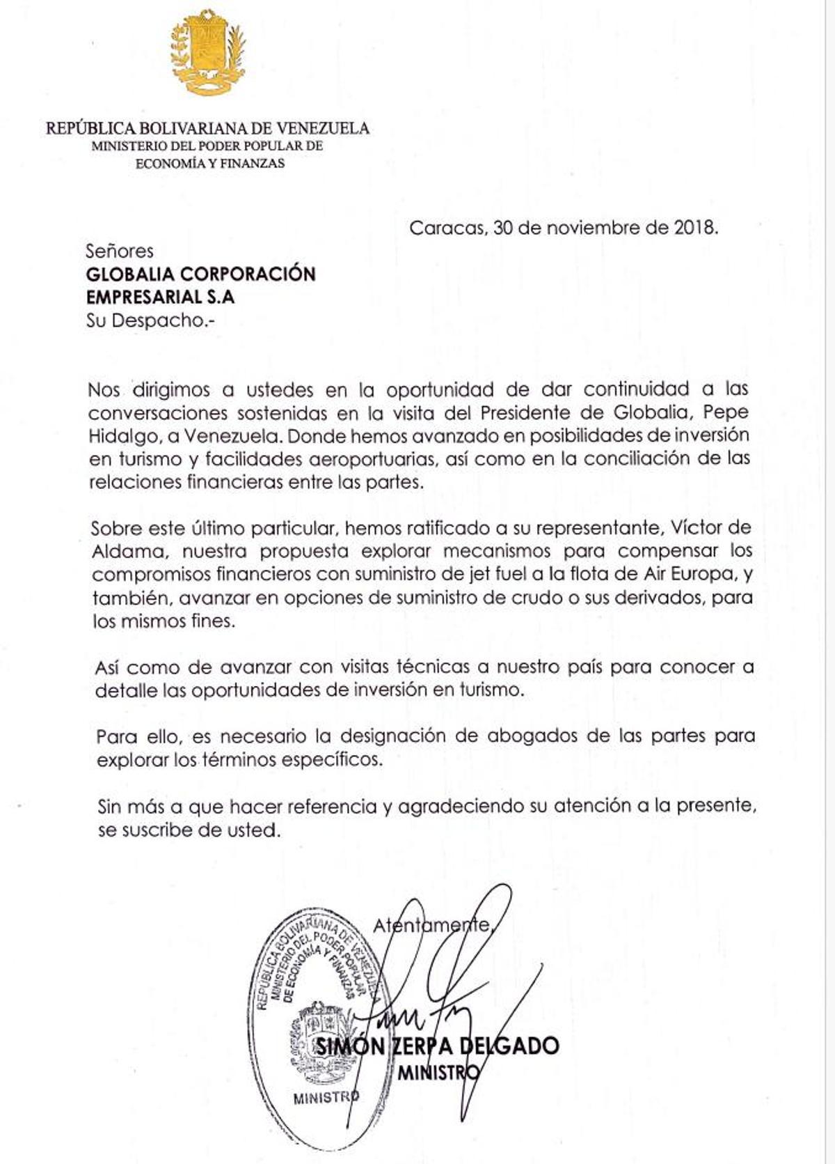 Documento enviado por Delcy Rodríguez a Víctor de Aldama