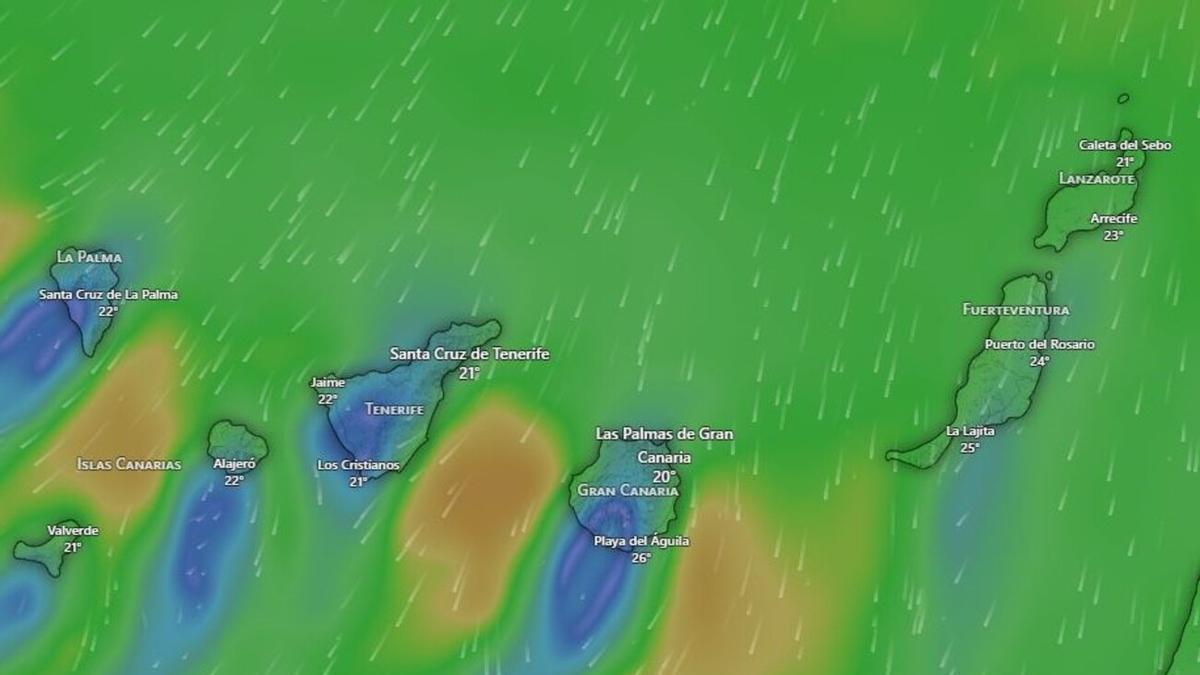Predicción del tiempo de Windy en Canarias para las 12.00 horas del martes 2 de junio de 2026