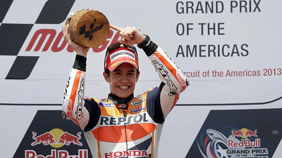 Marc Márquez, eufórico en el podio de Austin tras ganar el Gran Premio de las Américas