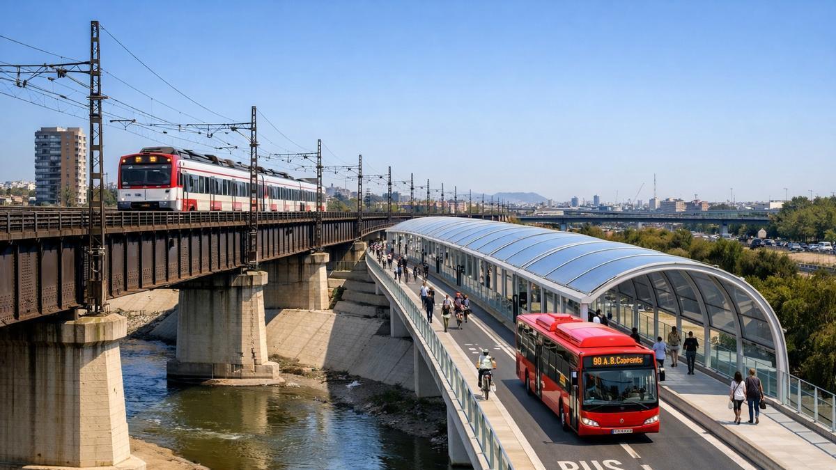 Recreación por IA de la posible futura plataforma entre Xirivella y València que irá en paralelo a las vías del tren.