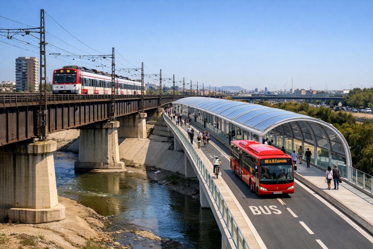 Recreación por IA de la posible futura plataforma entre Xirivella y València que irá en paralelo a las vías del tren.
