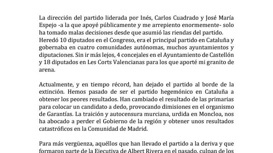 Carta publicada por Cristina Gabarda en redes sociales.