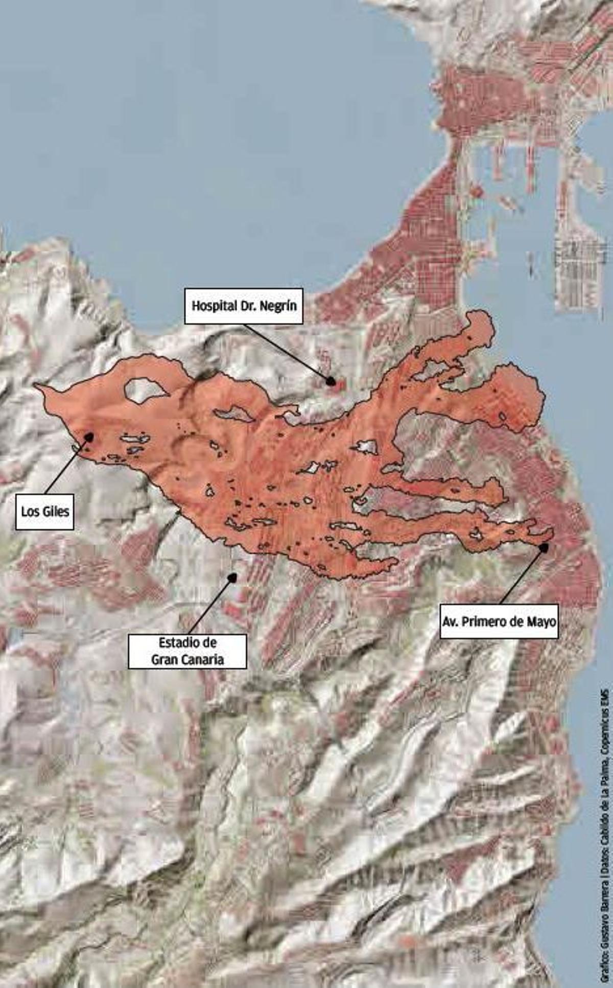 Mapa que recrea cómo las cenizas de La Palma cubrirían el 27% del área metropolitana