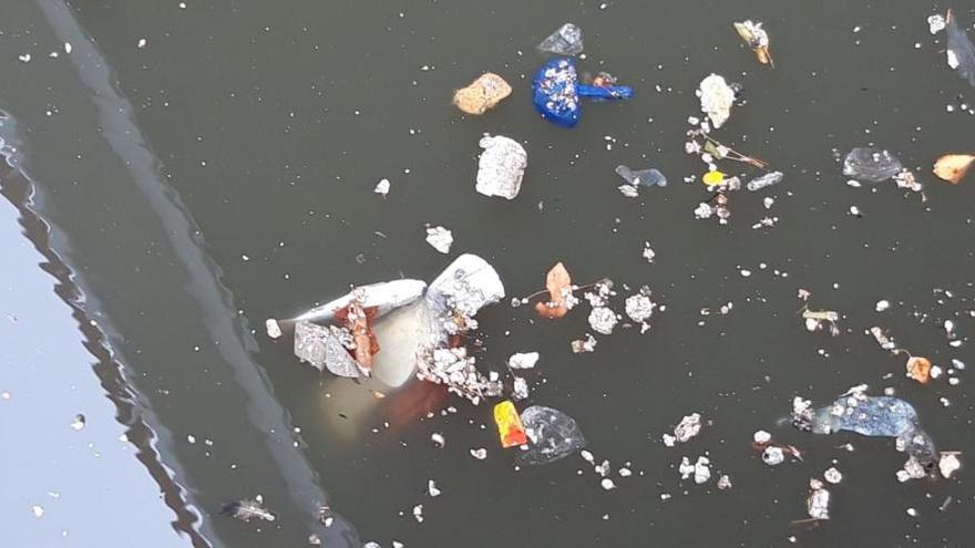 Desechos flotando en el agua del azarbe cercano a Pinedo.