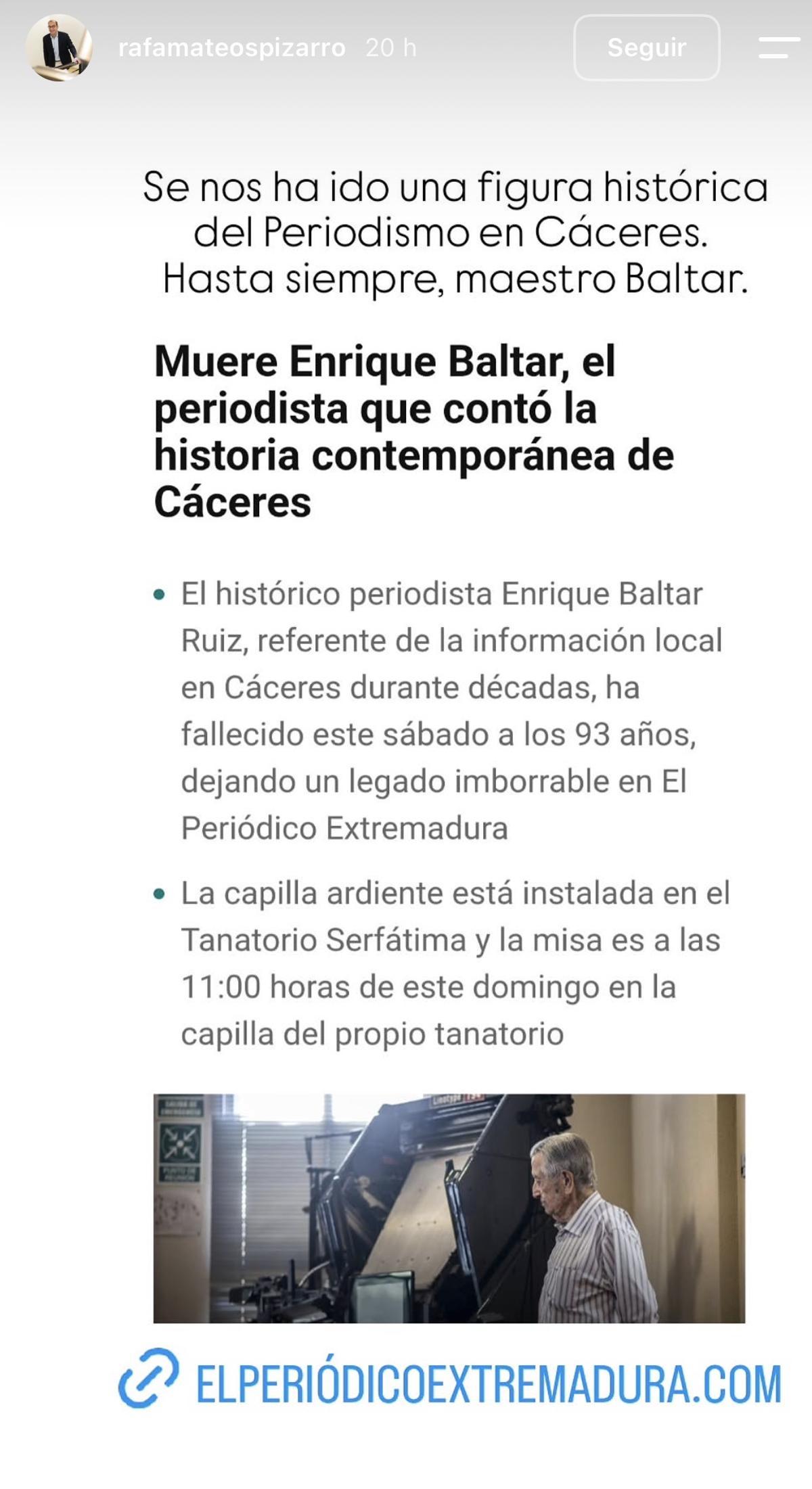 El alcalde de Cáceres, Rafael Mateos, muestra sus condolencias.