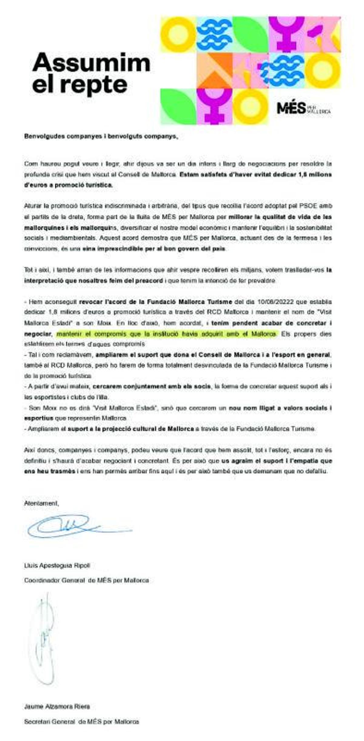 La carta Firmada por Lluís Apesteguia y Jaume Alzamora.
