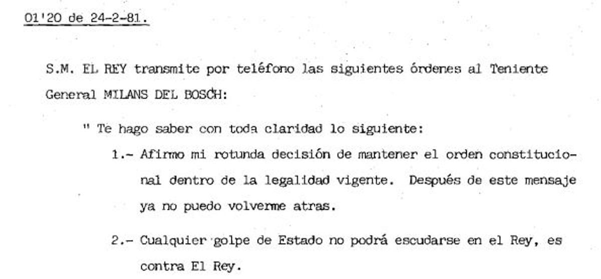 Documento de cronología de la noche del 23F en el que se refleja la llamada del rey a Milans del Bosch