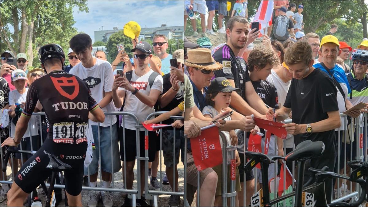 Julian Alaphilippe y Yannis Voisard atienden a los aficionados