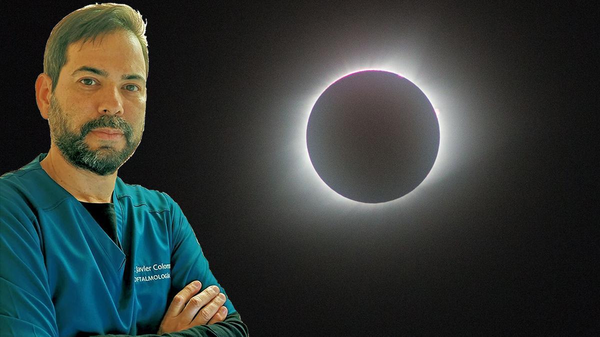 Montaje en el que se ve al oftalmólogo Javier Coloma junto a la imagen de un eclipse