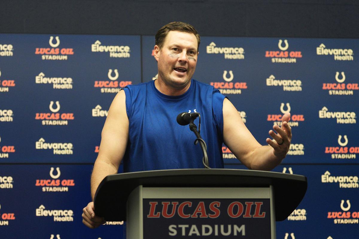 Indianapolis Colts quarterback Philip Rivers speaks at a news conference after an NFL football game against the San Francisco 49ers, Monday, Dec. 22, 2025, in Indianapolis. (AP Photo/AJ Mast)