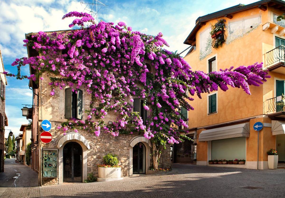 En el centro de Sirmione se pueden ver casas con preciosas flores.