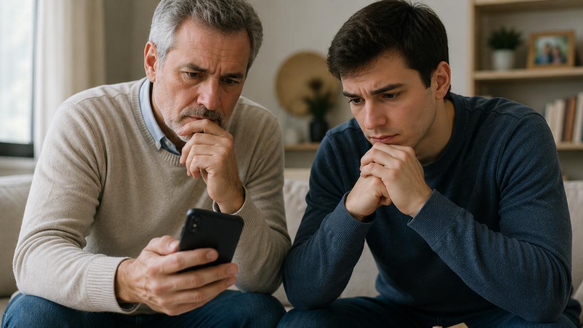Padre e hijo mirando el móvil