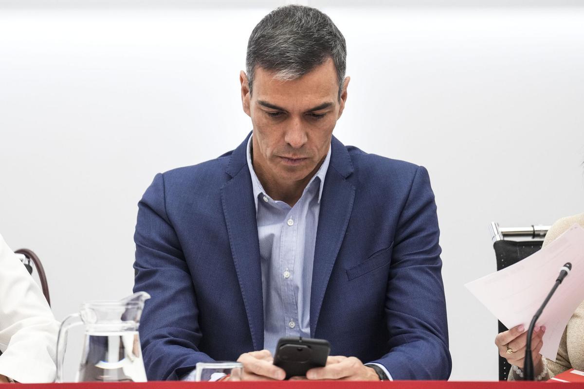 El presidente del Gobierno y Secretario General del PSOE Pedro Sánchez (c), este jueves durante la reunión de la Comisión Ejecutiva Federal del PSOE en Ferraz.-EFE/ Borja Sánchez-Trillo