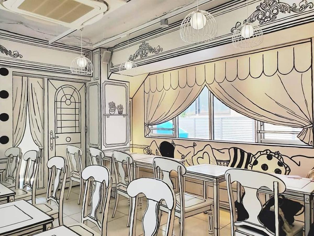 Imagen render de una de las cafeterías temáticas del resort. '2D sketch'.