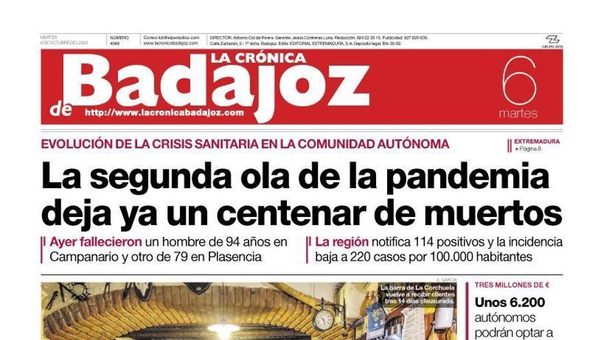 Esta es la portada de LA CRÓNICA DE BADAJOZ correspondiente al día 6 de octubre del 2020