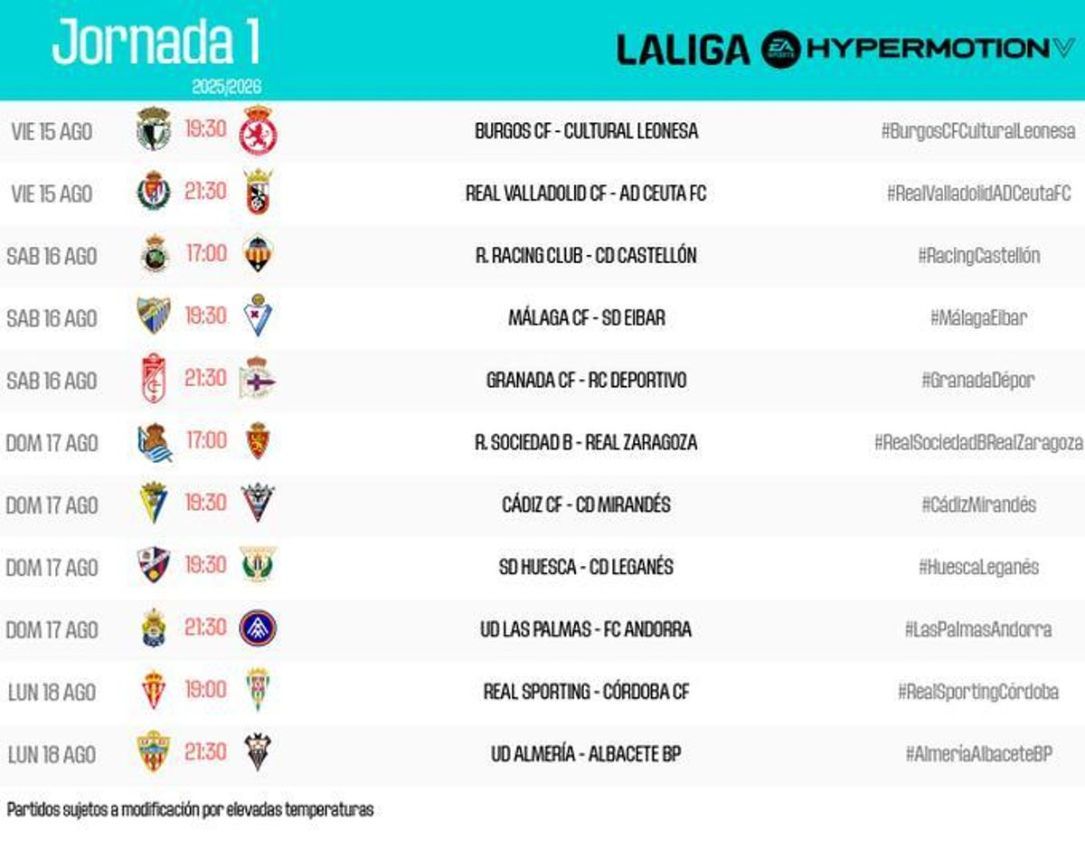Los horarios oficiales de la primera jornada de la Liga Hypermotion