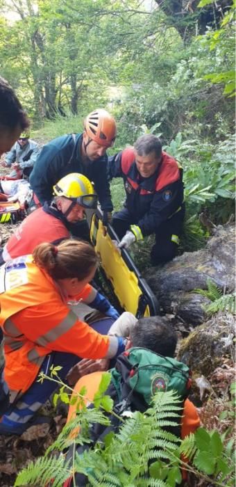 Evacúan a una mujer tras caer su vehículo por un desnivel en Ourense. // G. C.