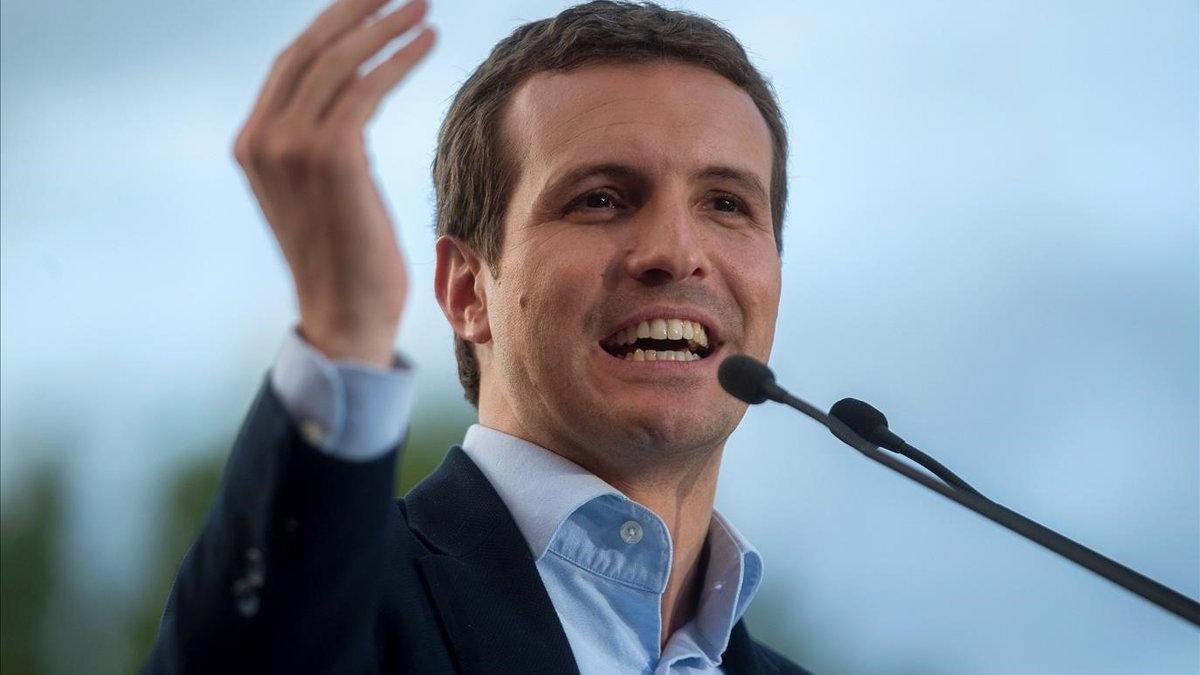 El presidente del PP, Pablo Casado, en un acto electoral de la campaña de municipales