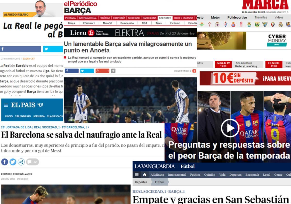 La prensa fue especialmente crítica con el juego desplegado por el Barça en Anoeta frente a la Real Sociedad