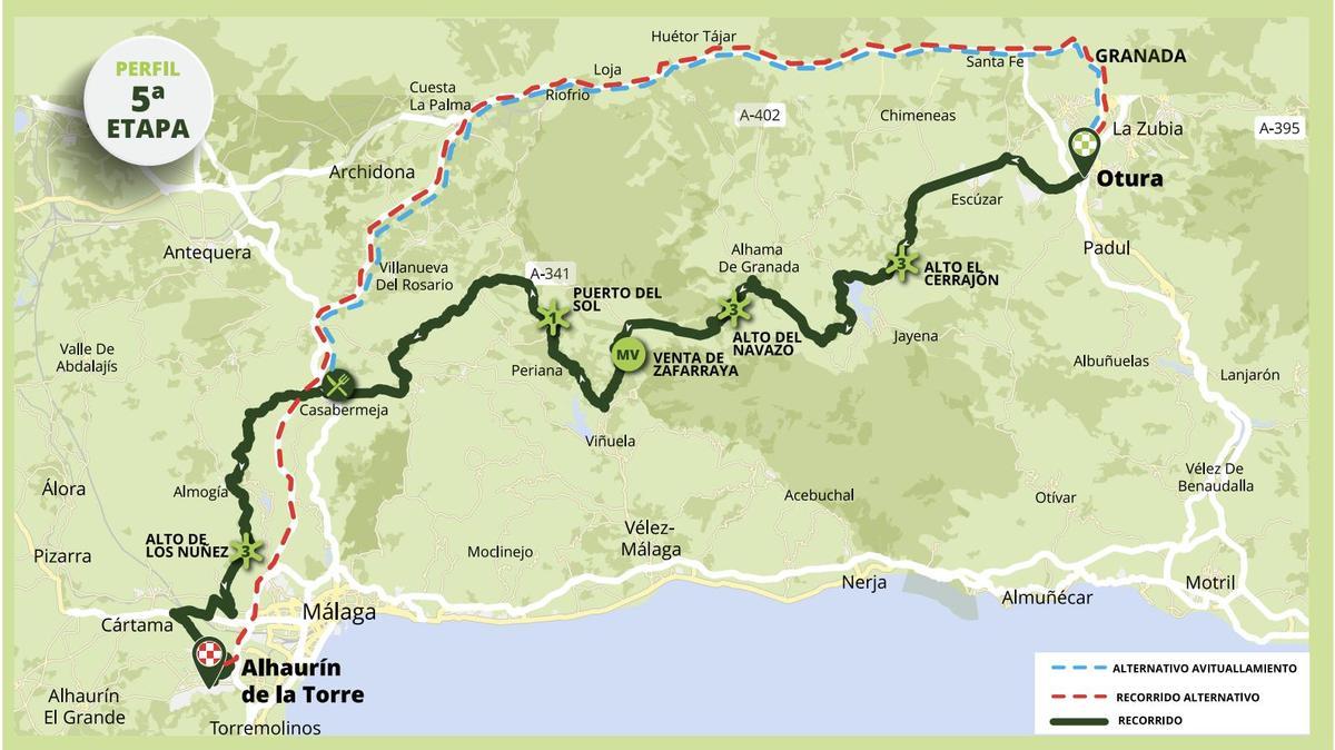 Quinta etapa de la Vuelta a Andalucía entre Otura (Granada) y Alhaurín de la Torre (Málaga) con 184,3 km