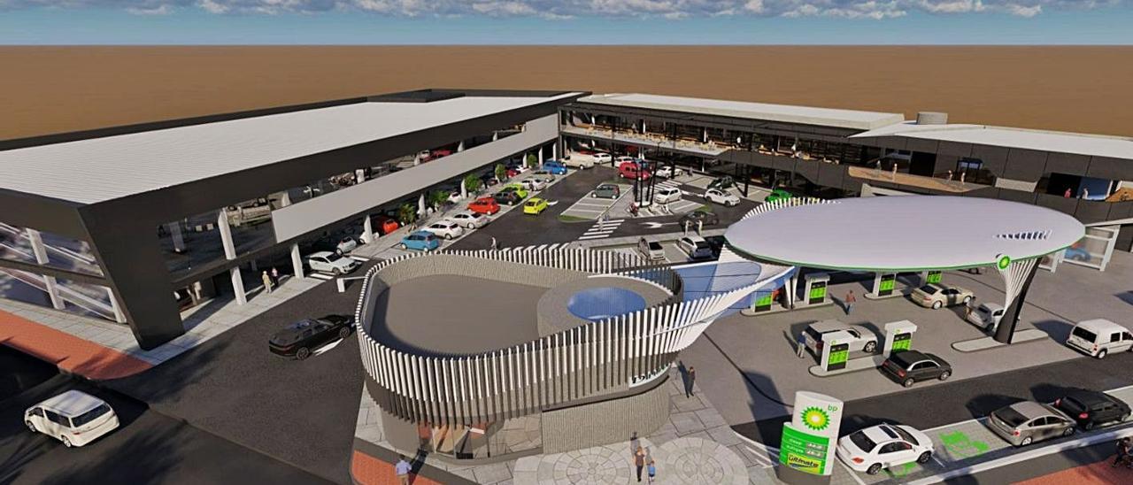 Imagen virtual de la galería comercial proyectada en el Cruce de Melenara, con supermercado, izquierda, y gasolinera.  | | LP/DLP