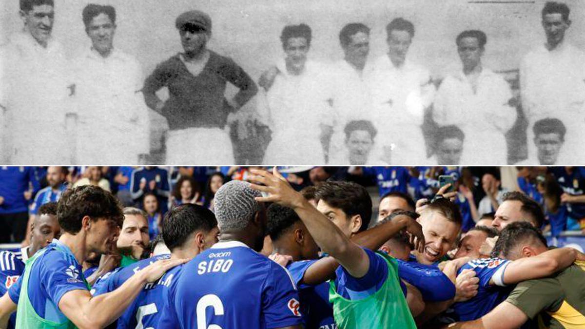 Arriba, el primer once del Oviedo, que debutó ante el Arenas de Getxo. Sobre estas líneas, el Oviedo celebra el segundo gol ante el Mirandés en la última promoción.