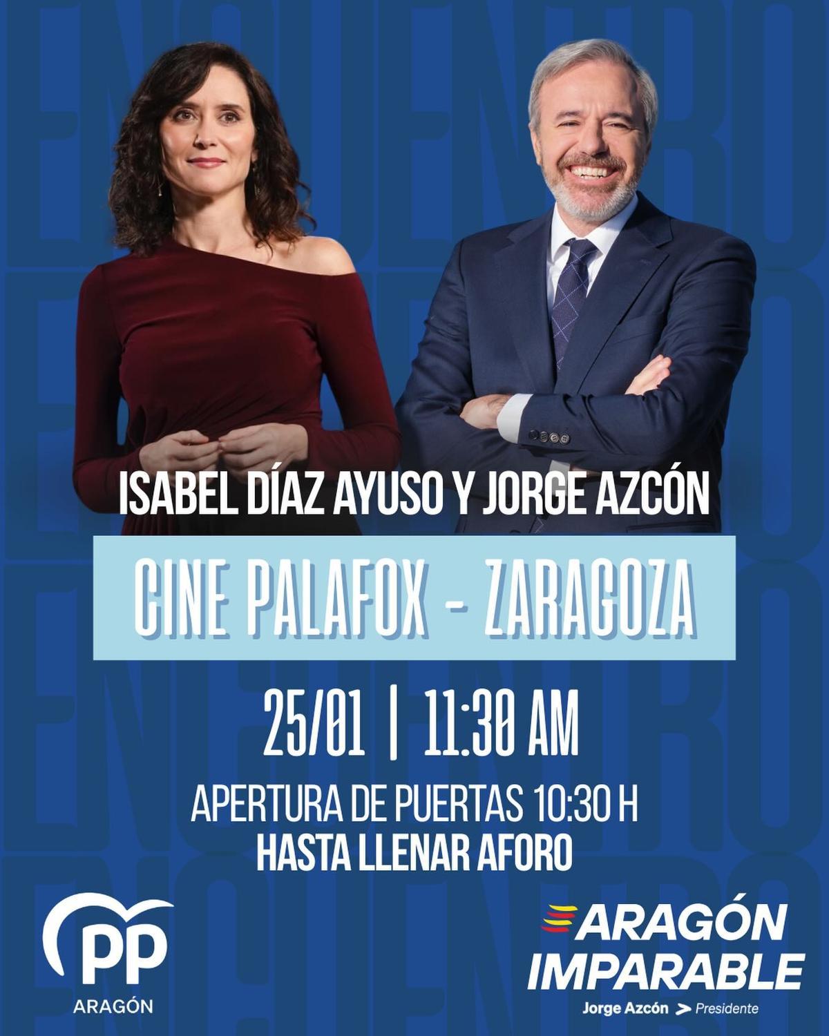 Cartel del acto de Ayuso y Azcón este domingo en Zaragoza