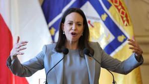 María Corina Machado, durante la rueda de prensa que ha ofrecido este jueves en Santiago de Chile.