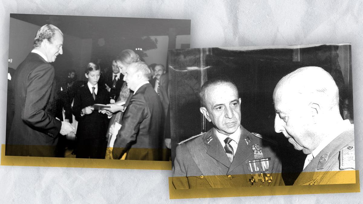 A la izquierda, Juan Carlos y doña Sofía y el príncipe Felipe en el acto de la constitución en Oviedo de la Fundación Príncipe de Asturias junto a Díez-Alegría, el 24 de septiembre de 1980. A la derecha, el general en uno de los últimos despachos como Jefe del Alto Estado Mayor con Francisco Franco.