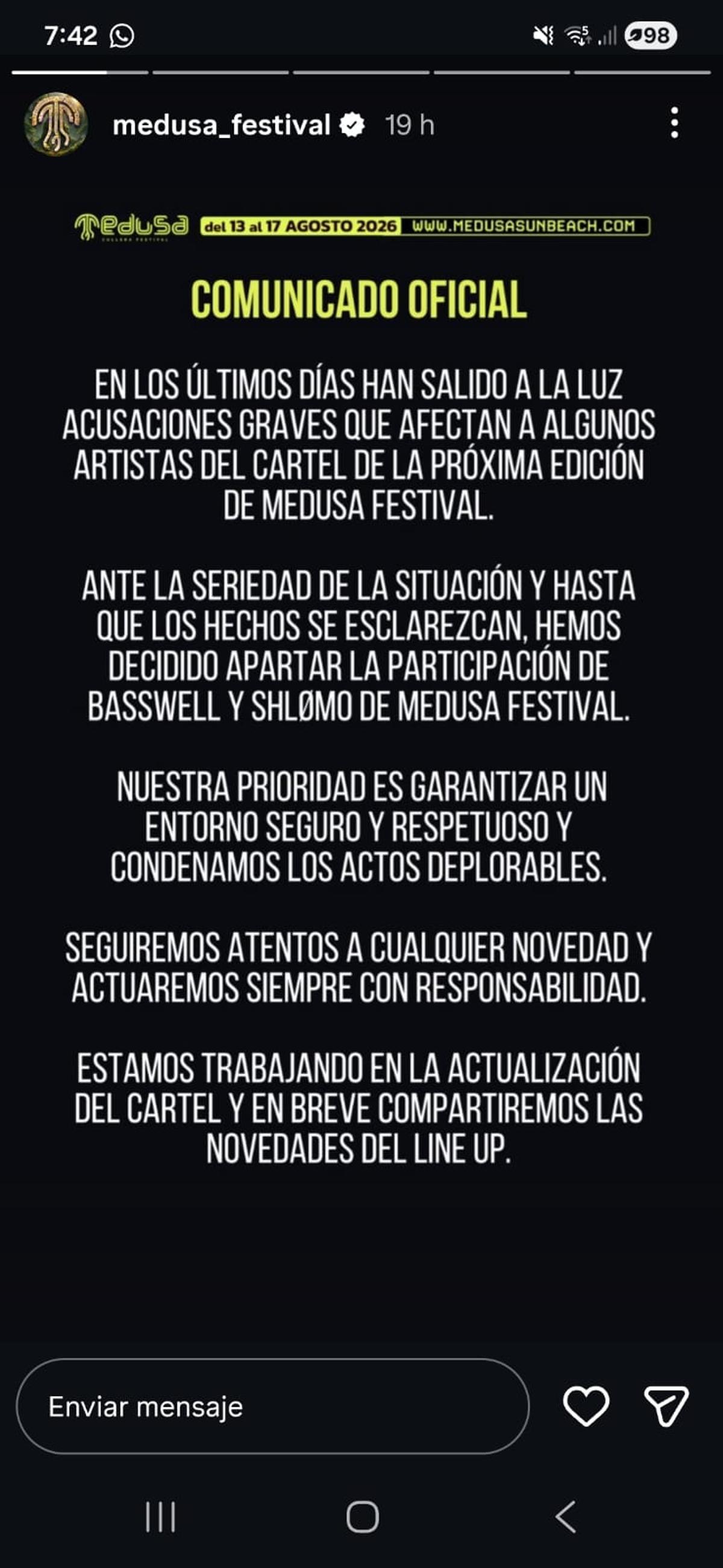 Comunicado emitido por la organización a través de las redes sociales.