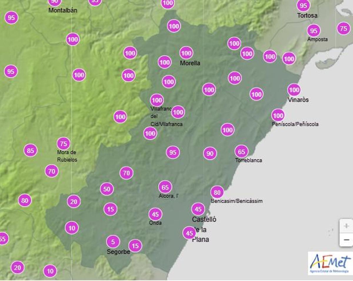 Probabilidad de lluvia en Castellón el domingo entre las 12.00 y las 18.00 horas.