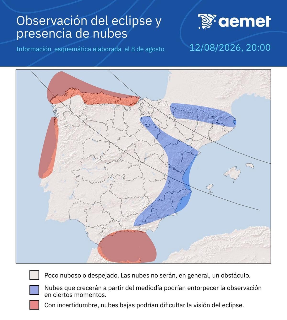 Mapa de observación del eclipse y presencia de nubes para el 12 de agosto a las 20.00 horas.