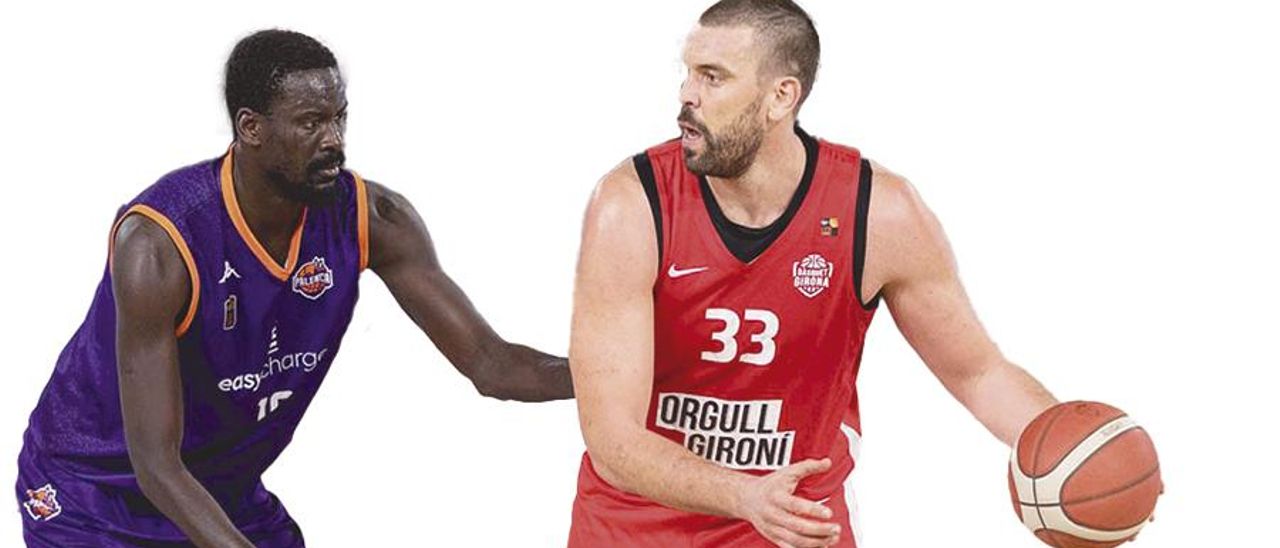 Bamba Fall y Marc Gasol, frente a frente en el Palencia-Girona. | Víctor Quintana