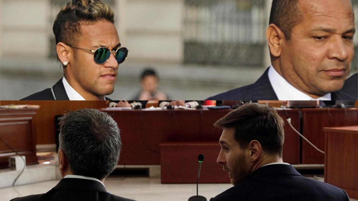 Arriba: Neymar Junior y su padre acuden a declarar a la Audiencia Nacional de Madrid. Abajo: Jorge y Leo Messi durante el juicio de la Audiencia de Barcelona por fraude fiscal