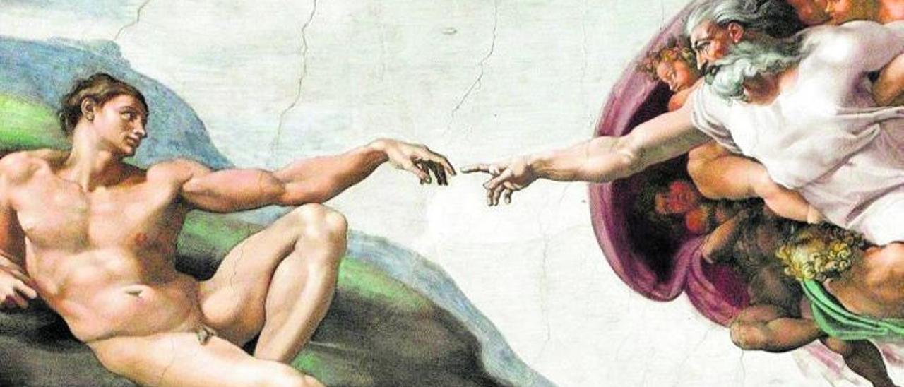 La creación de Adán, según el arte de Miguel Ángel en la Capilla Sixtina