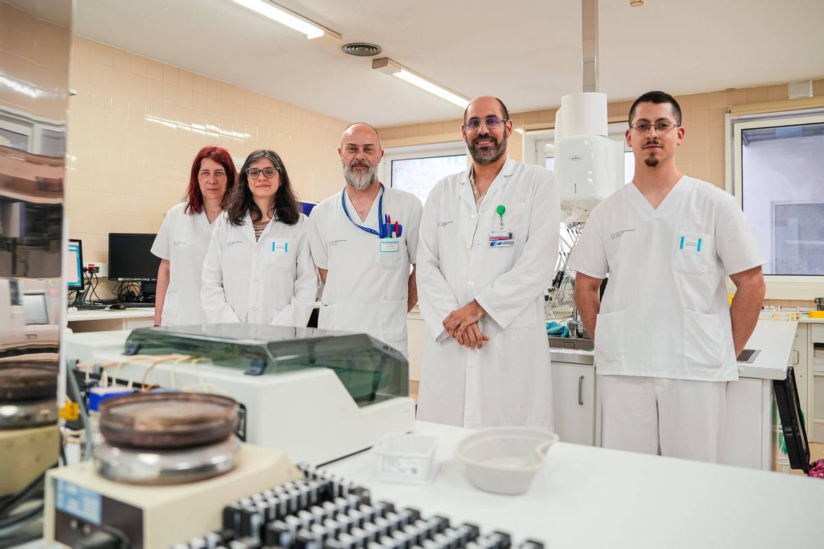 Equipo de Inmunología del Meixoeiro. Desde la izq., la técnica Susana Regueiro, la inmunóloga Laura Riesco, el técnico Luis Conde, el inmunólogo Israel Nieto y el técnico Guillermo Traveso.