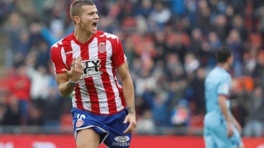 Longo celebra l&#039;1-0 en el Girona-Llevant de la temporada passada, a Segona Divisió.