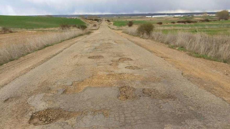 Camino asfaltado que presenta numerosos baches en su recorrido.