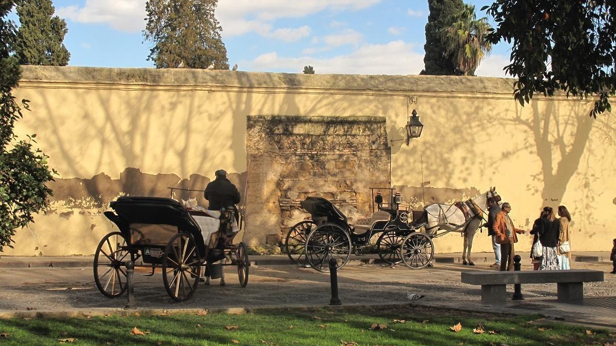 Muro que separa Campo Santo de los Mártires de los terrenos exteriores de la antigua biblioteca del Estado, donde ahora aparcan los coches de caballos para el turismo.