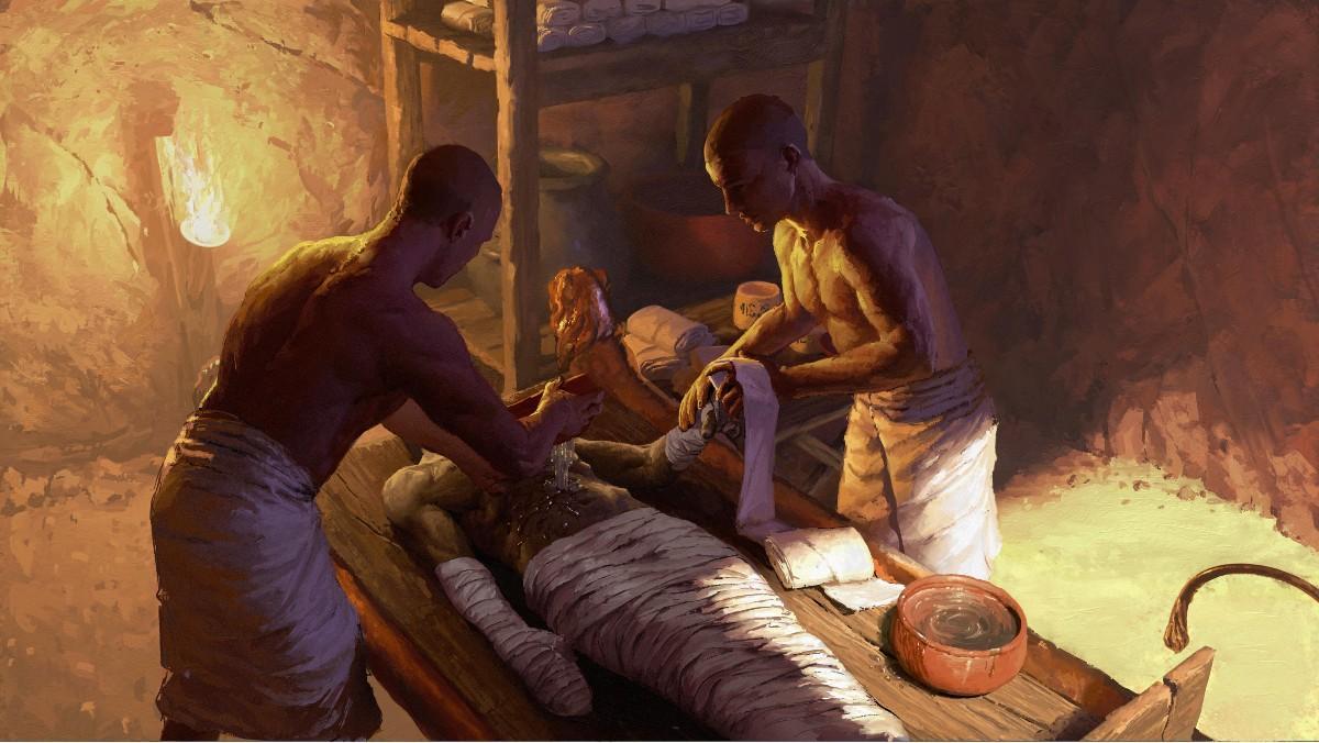Recreación artística de un taller de embalsamamiento en el antiguo Egipto.