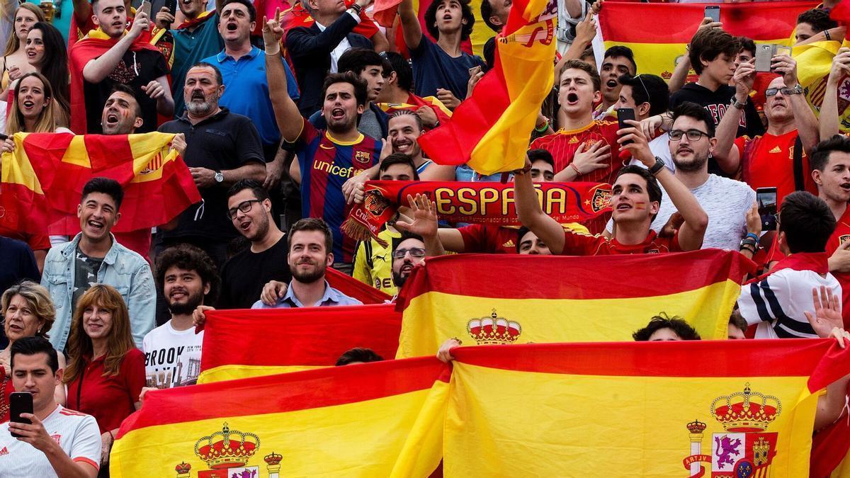 Seguidores de la selección española de fútbol siguen un partido.