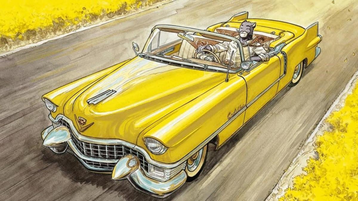 Blacksad, en su flamante Cadillac, en la imagen de portada del álbum 'Amarillo', ganador del Nacional de Cómic, ejemplo de la exposición del Salón del Cómic 'Viñetas sobre ruedas'.