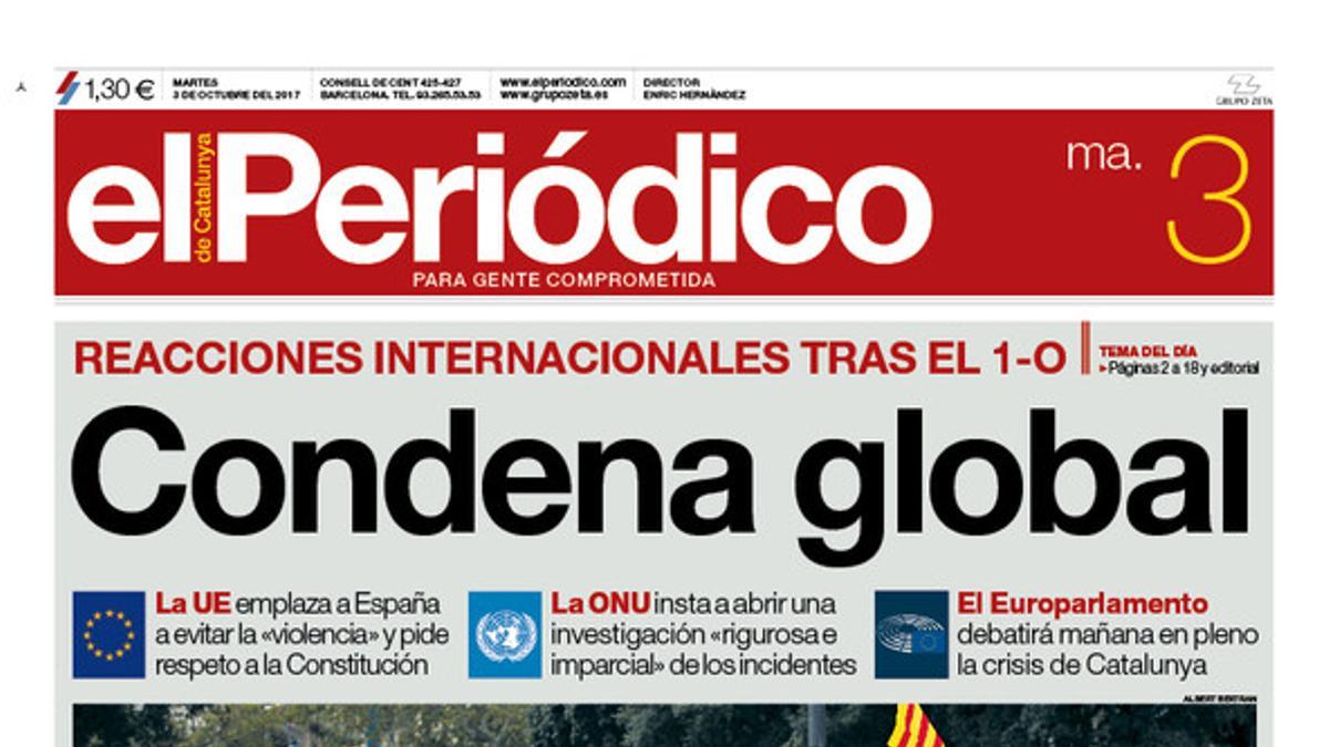 La portada de EL PERIÓDICO del martes, 3 de octubre del 2017.