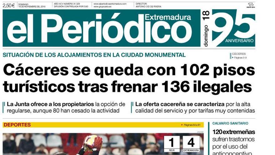 Esta es la portada de EL PERIÓDICO EXTREMADURA correspondiente al día 18 de noviembre del 2018