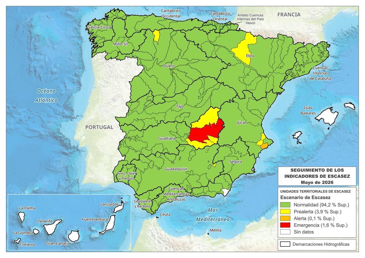 Situación del riesgo de sequía en España en mayo de 2025, con Serpis aun en prealerta.