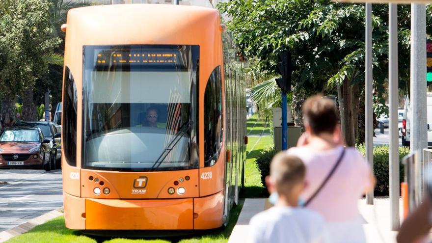 Un convoy del TRAM a su paso por la playa de San Juan, por donde transcurre la línea más utilizada en Hogueras, la que conecta El Campello con el centro de Alicante. | JOSE NAVARRO