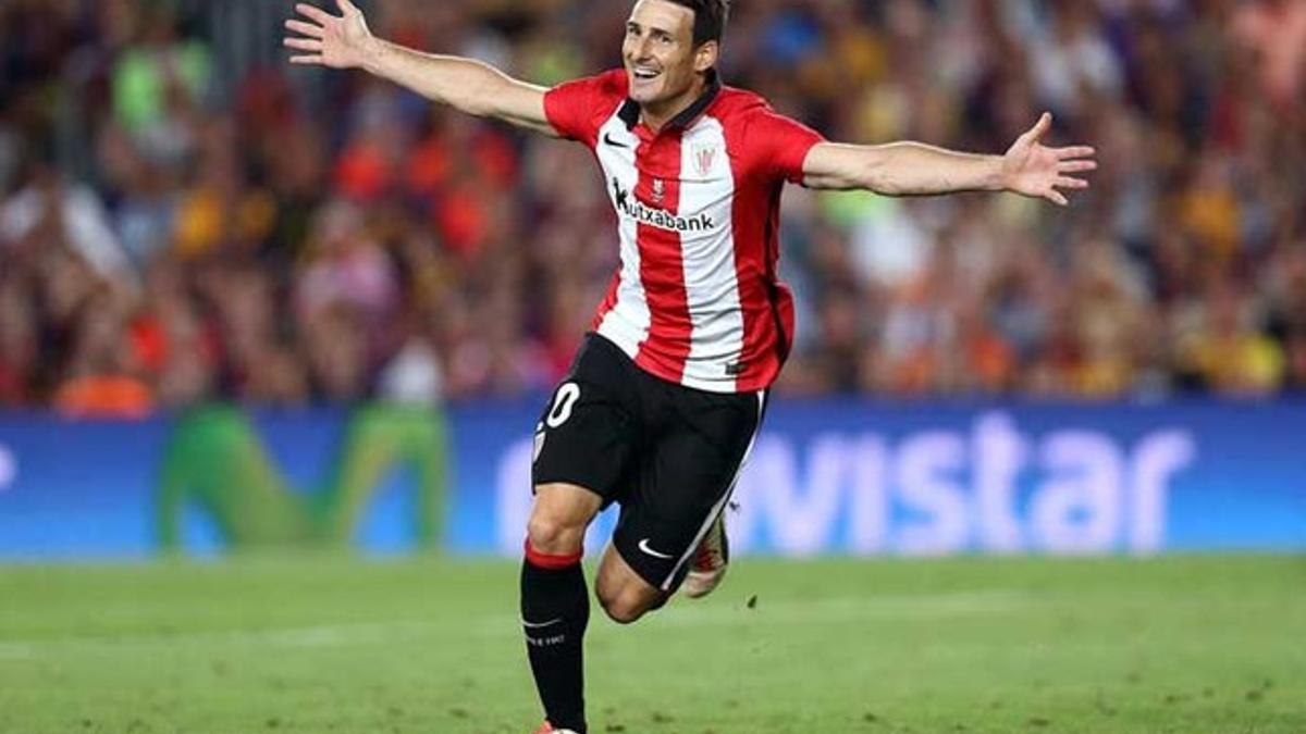 Aduriz celebró así el gol que anotó en el Camp Nou contra el FC Barcelona en la vuelta de la Supercopa de España (1-1)