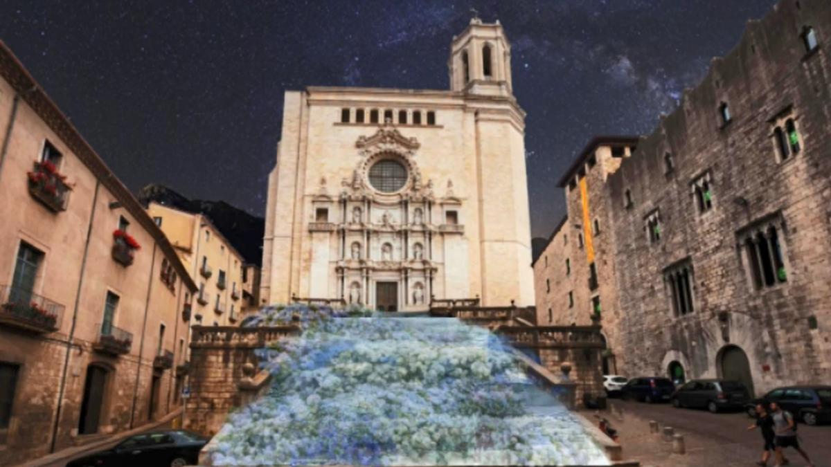 Muntatge nocturn a les escales de la Catedral per Temps de Flors 2022