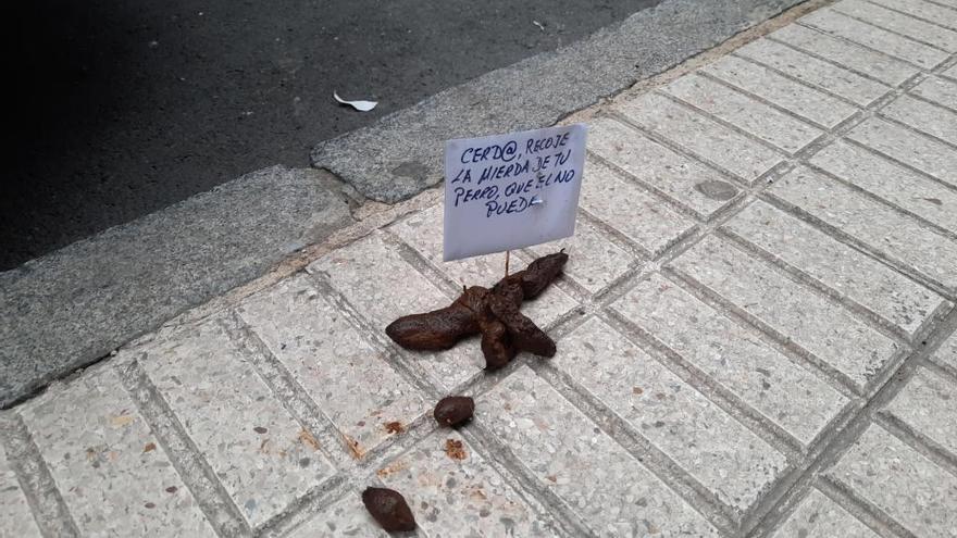 El cartel sobre un excremento que alguien dejó en la calle Casimiro Velasco de Gijón