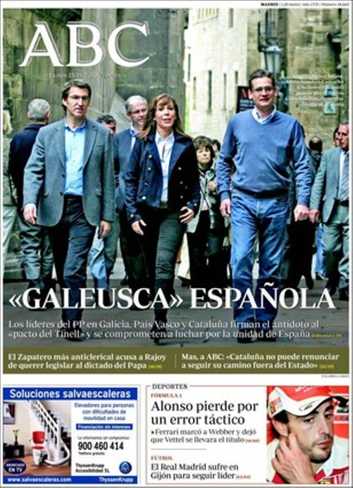 ’Abc’ explica a les pàgines interiors que, encara que el Rei sí que ha mantingut nombroses trobades amb líders internacionals, Espanya ja fa un any que no fa ni rep visites d’Estat --era habitual que se’n produïssin diverses cada 12 mesos-- ni tampoc celebra les tradicionals cimeres bilaterals amb els altres socis europeus. També entrevista Luis de Vega, el seu corresponsal a Rabat, expulsat la setmana passada pel Govern marroquí.